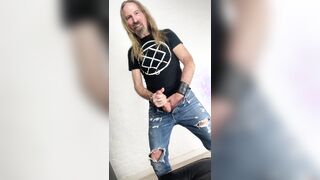 Longhairdude masturbates and shoots in torns denim, Fresh Rock biker footwear, tshirt