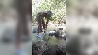 Wanking ginormous dark-hued prick while bathroom outdoors part1