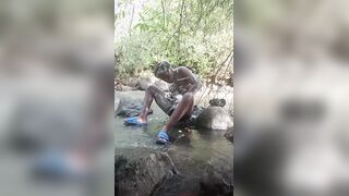 Wanking ginormous dark-hued prick while bathroom outdoors part1