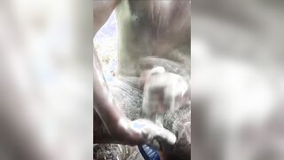 Tugging ample dark-hued pecker outdoors part two