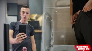 Man lengthy peeing with uncut hard-on and thick sack of babymakers