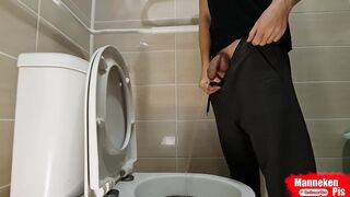 Man lengthy peeing with uncut hard-on and thick sack of babymakers