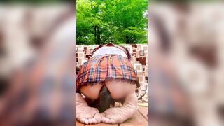 Outdoor railing faux-cock on deck crossdressing in innocence