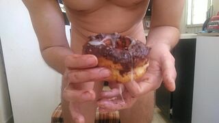 Stunning fellow pounds a donut, jizzes on it and licks it