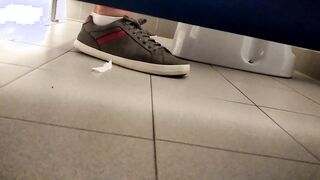 Pig Guy Spunks in the Public Wc while Snooping on a Stranger Urinating Next Door