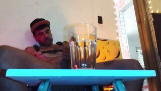 PEE, DROOL, PIG JIZZ. STUD PACKS A GLASS BY SPITING, NUTTING AND PEEING