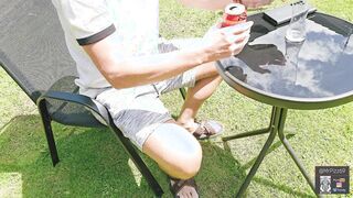 Nonchalant urinate under the café table