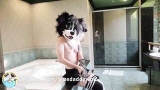 Giant arse femboy fursuiter gets bubbly in the jacuzzi