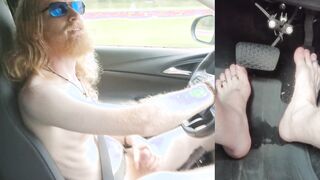 Naturist driver demonstrating you dick and naked soles on the highway