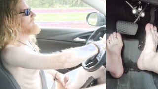 Naturist driver demonstrating you dick and naked soles on the highway
