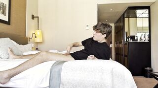 Cherry lad cant fight back and ejaculates in sofa