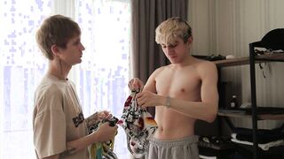 wo super-cute lads turn on a dude with a ginormous schlong, part 1