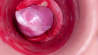 The camera inwards the deep fuckbox records a fat orgasm with a stuck rubber