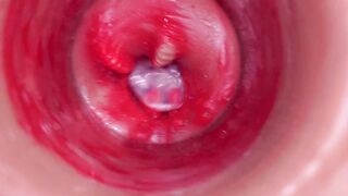 The camera inwards the deep fuckbox records a fat orgasm with a stuck rubber