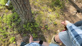 Furry fellow and his uncircumcised acquaintance piss on the side of road in forest next to Tesla truck. Outdoor peeing