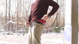 Milking off in the snow at the public park, sagging in AE briefs too!