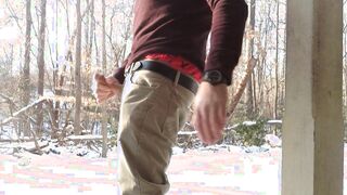 Milking off in the snow at the public park, sagging in AE briefs too!