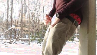 Milking off in the snow at the public park, sagging in AE briefs too!