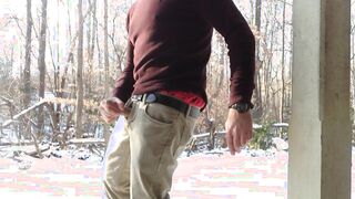 Milking off in the snow at the public park, sagging in AE briefs too!