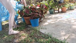 Bare hippie fertilizes his plants with his jizm