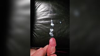 Bwc shoots a load XXL fountain on leather tabouret slow-movement