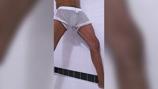 Peeing thru mesh cut-offs BIG BLACK COCK