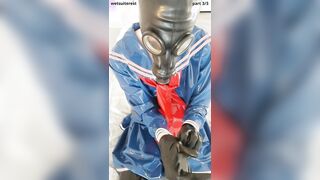 Breathplay onanism in blue spandex Chinese sailor uniform miniskirt and tee-shirt, condom maid pantyhose
