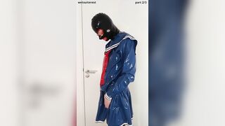 Putting on blue spandex Chinese college girl sailor uniform miniskirt and t-shirt, condom maid pantyhose