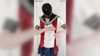 Putting on spandex Asian college girl sailor uniform mini-skirt and t-shirt, blue and milky love glove stocking