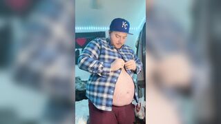 Gainer Piggy Tries to Wear Button Tee-shirt