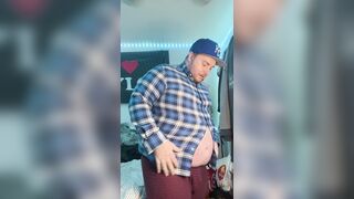 Gainer Piggy Tries to Wear Button Tee-shirt