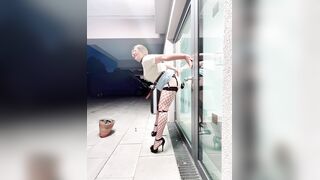 Sissy railing Fake penis in Public on Glas Door