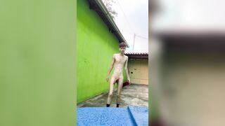 Twunk in the rain showcasing of his bare and thin bod