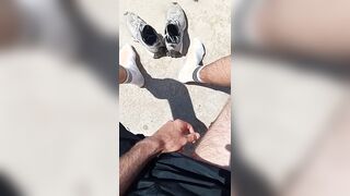furry nicely-shaped dude smokes and jacks off on the beach in milky socks