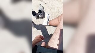 furry nicely-shaped dude smokes and jacks off on the beach in milky socks