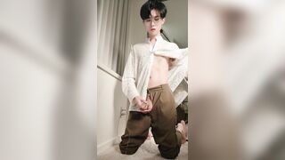 Luxurious lad in suit sway his shaft and jizm all over your face and tongue for cash