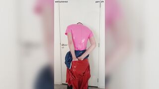 Putting on crimson spandex masked sway sundress over condom maid, pantyhose, miniskirt, underpants, layers
