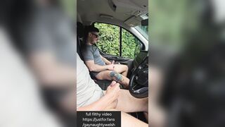 Having a masturbate in the workvan with my acquaintance when we witness a naughty fellow cruising us so we banged him naked