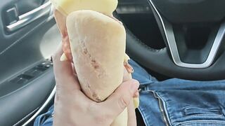 Crazy boy romping sandwich in van and tongues it