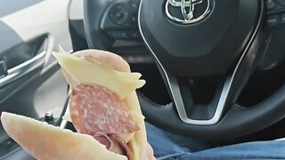 Crazy boy romping sandwich in van and tongues it