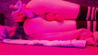 Femboy has solo joy with blue trouser snake