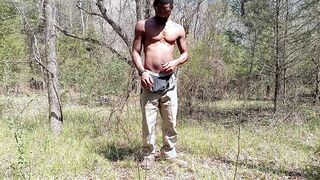 Marvelous hairy man going for a jizz shot in the forest