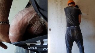 A builder determined to drain excess seed while smoking