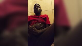 Queer dark-hued fellow strokes off monstrous manstick in douche