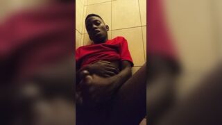 Queer dark-hued fellow strokes off monstrous manstick in douche