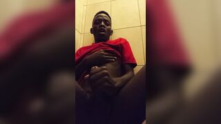 Queer dark-hued fellow strokes off monstrous manstick in douche