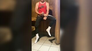 JockDad87 Shoots Another Fountain in the Sauna in a Crimson Nike Tank