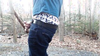 I am jacking-off in the forest. Sagging displaying my Yankee Eagle trunks. Wordy too