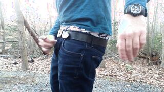 I am jacking-off in the forest. Sagging displaying my Yankee Eagle trunks. Wordy too