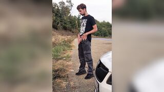 Jacked off and peed in the parking bunch near the highway + cum-shot